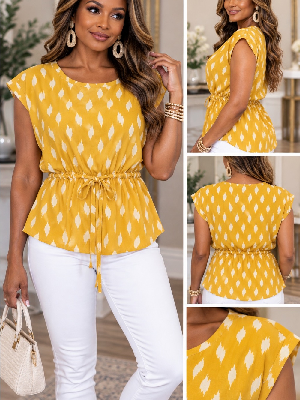 Mustard Yellow Printed Tie-Waist Cap Sleeve Blouse